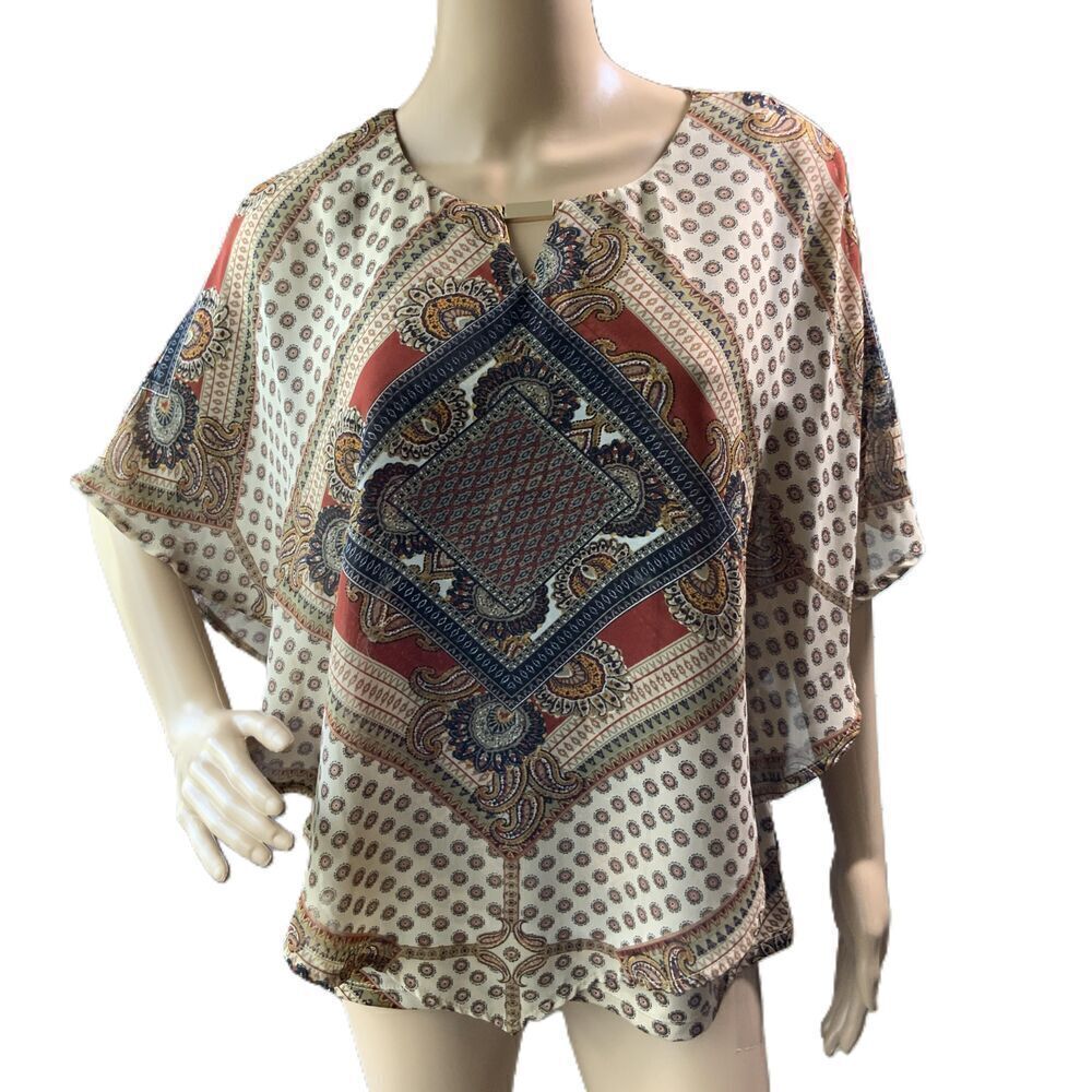 Roz & Ali Brown Patterned Keyhole Neckline Poncho Blouse Size‎ Petite Medium